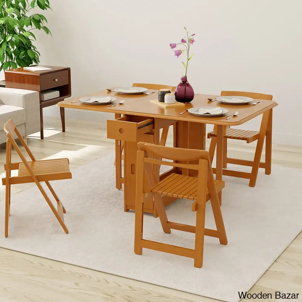 Dustin Modern Solid Wood 5-Piece Folding Dining Set With Drop Leaf Table And 4 Chairs