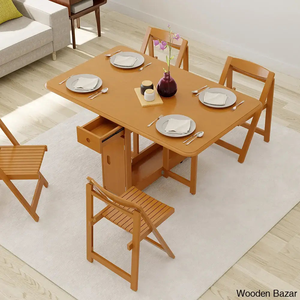 Dustin Modern Solid Wood 5-Piece Folding Dining Set With Drop Leaf Table And 4 Chairs