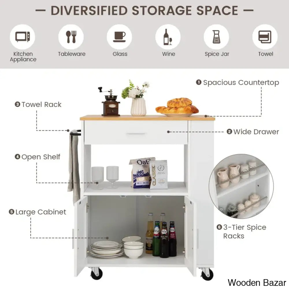 Dyeisha Wood Kitchen Cart Trolley Cart Cabinet Kitchen Island With Storage