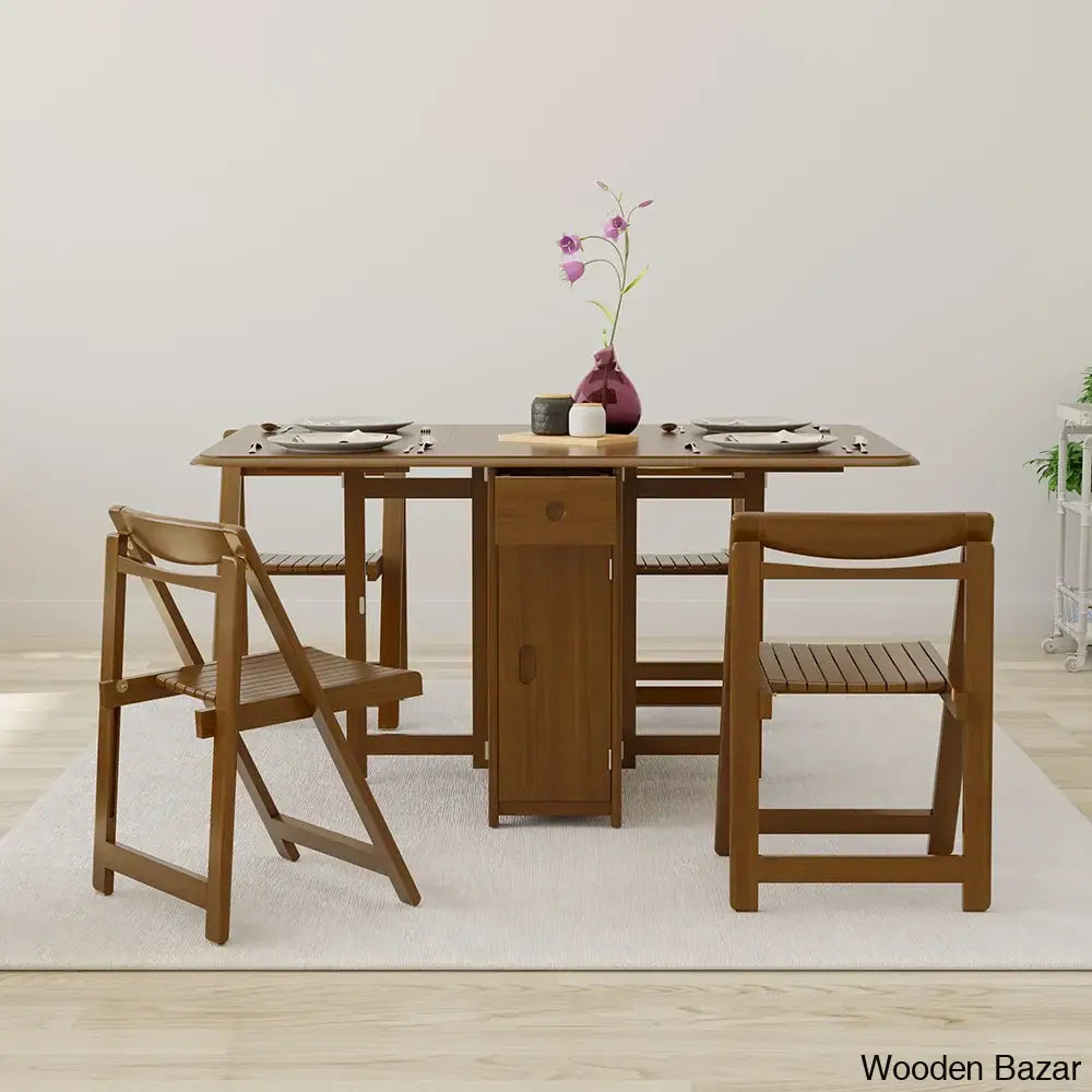 Earlene Modern 5-Piece Walnut Dining Set - Solid Wood Folding Table With Seating For 4