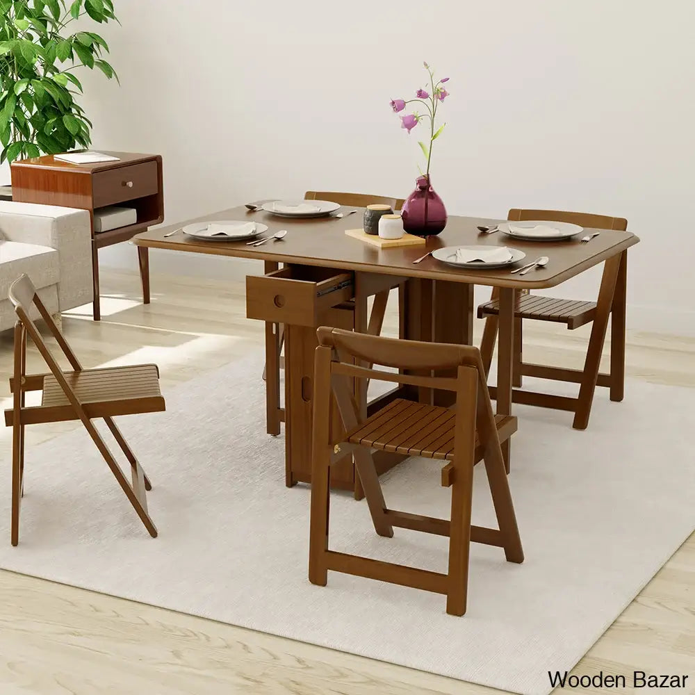 Earlene Modern 5-Piece Walnut Dining Set - Solid Wood Folding Table With Seating For 4