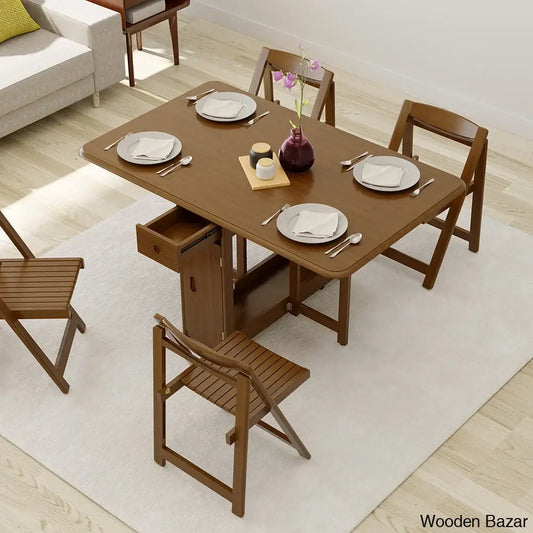 Earlene Modern 5-Piece Walnut Dining Set - Solid Wood Folding Table With Seating For 4