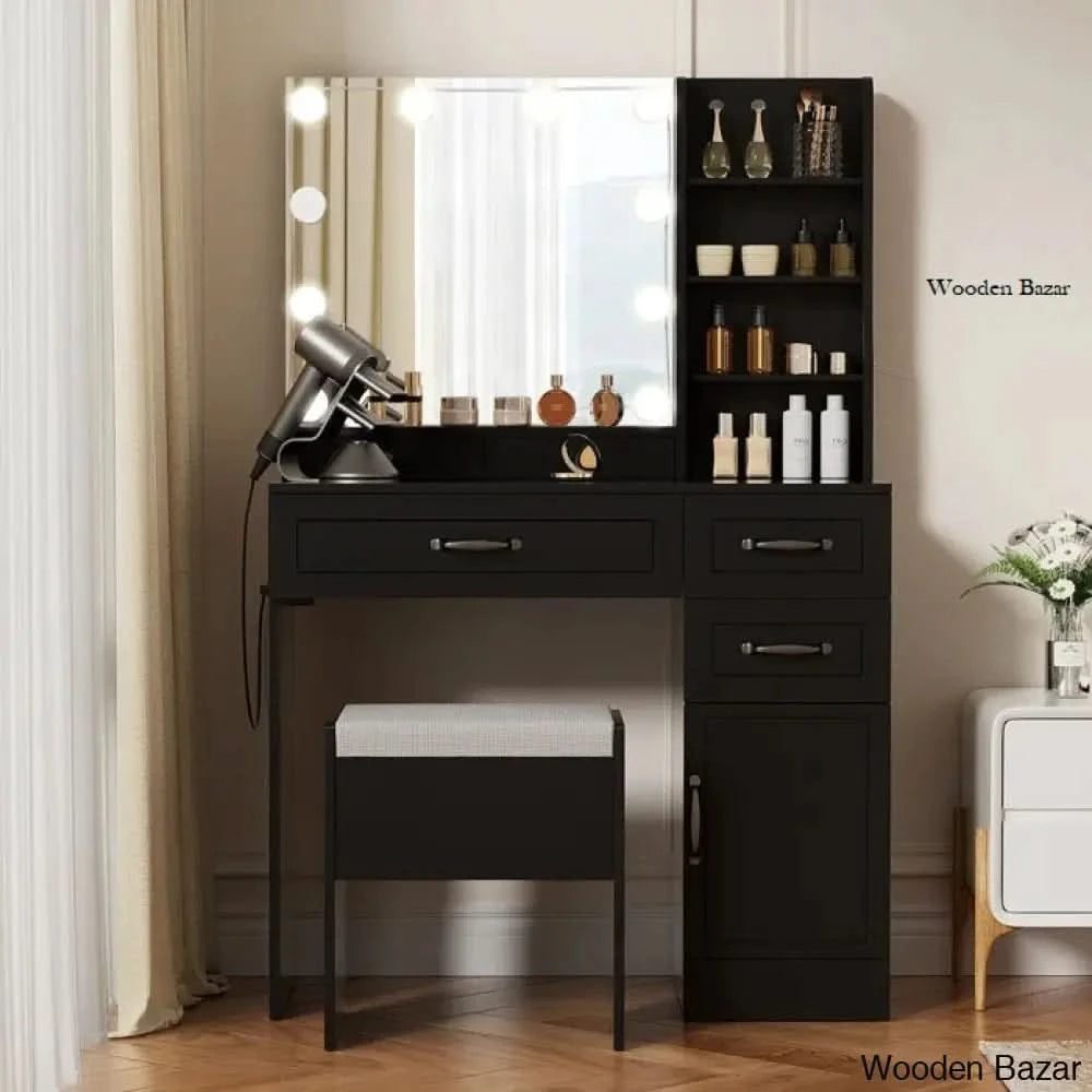 Elainy Vanity Dressing table with lighted Mirror Storage Stool Wooden Bazar