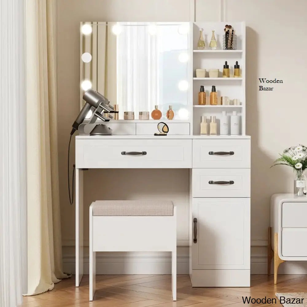 Elainy Vanity Dressing Table With Lighted Mirror & Storage Stool White