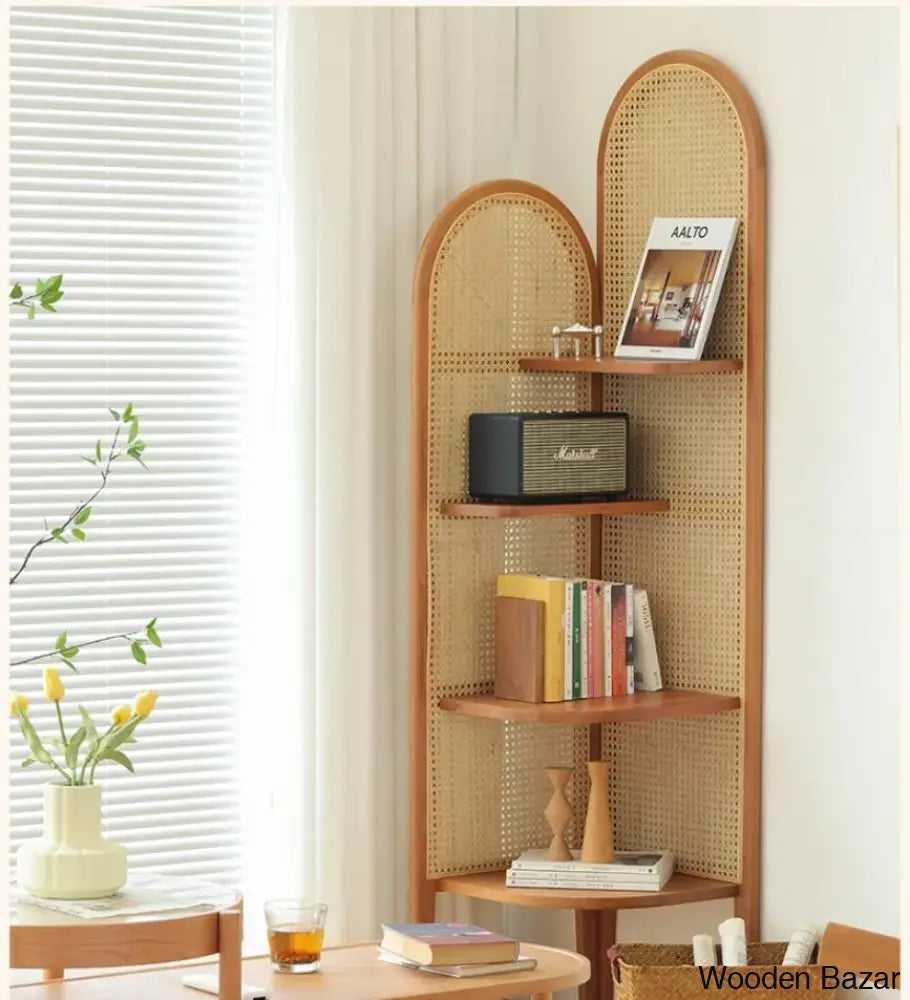 Ele Modern Rattan Corner Cabinet With Wooden Shelves Simple Triangle Storage & Bookshelf For