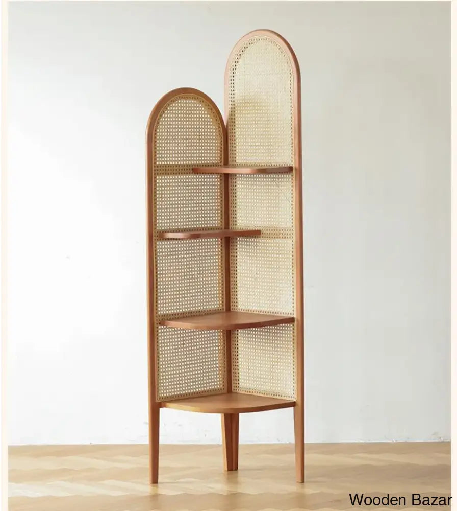 Ele Modern Rattan Corner Cabinet With Wooden Shelves Simple Triangle Storage & Bookshelf For