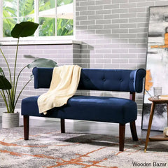 Elizabeth Tufted Linen Armless 2-Seater Settee With Wooden Legs - Bazar Midnight Blue