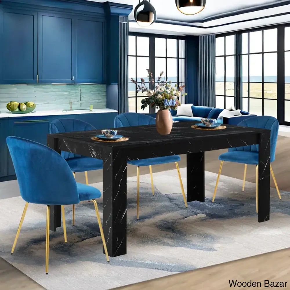 Eloska Modern 4 Seater Dining Table Set - Wooden Bazar Black With Blue Chair