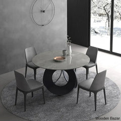 Emery Round Gray Dining Table With Stone Top And Wooden Base 4 Seater