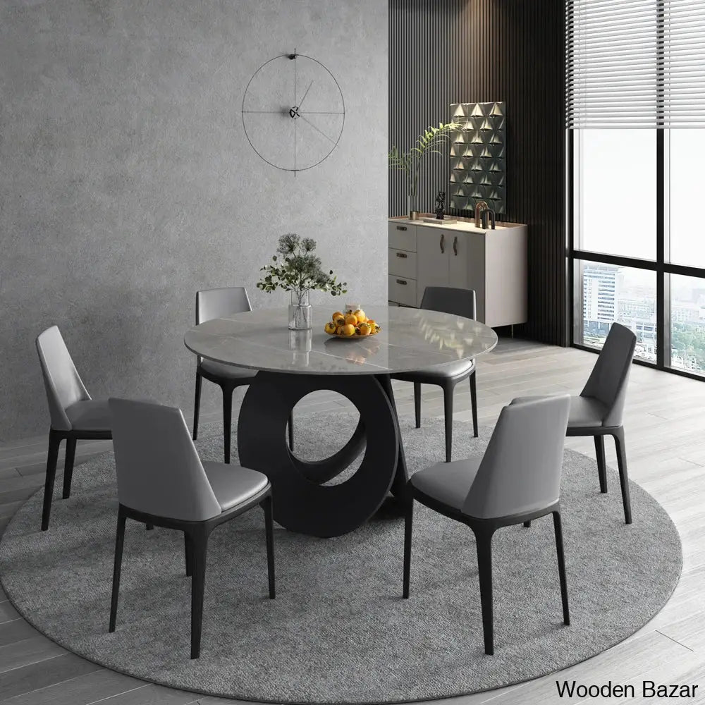 Emery Round Gray Dining Table With Stone Top And Wooden Base 6 Seater