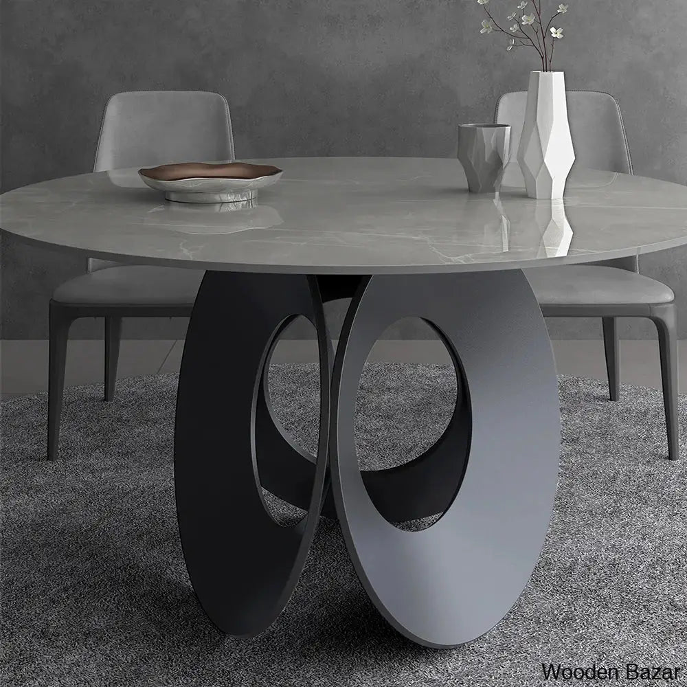 Emery Round Gray Dining Table With Stone Top And Wooden Base