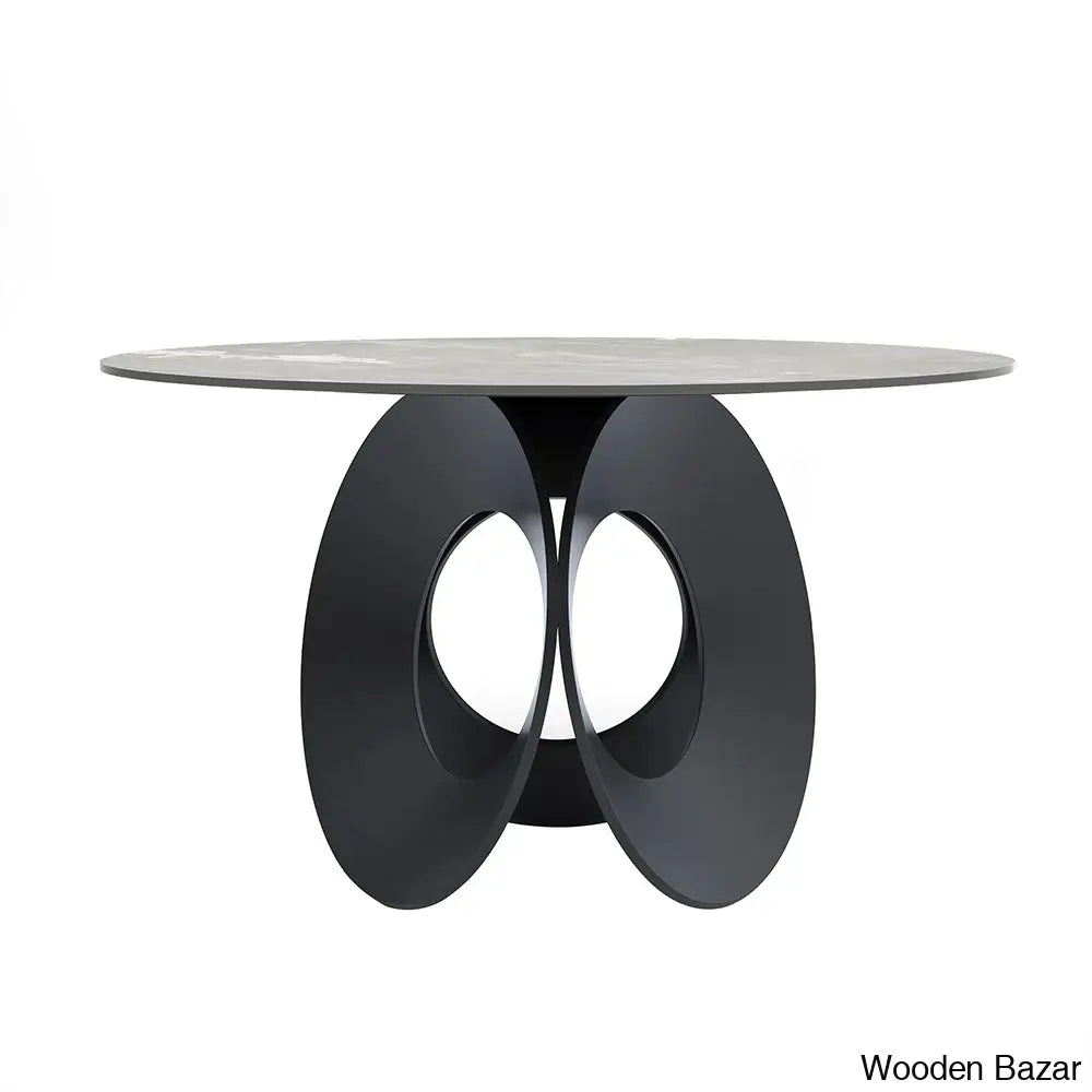 Emery Round Gray Dining Table With Stone Top And Wooden Base