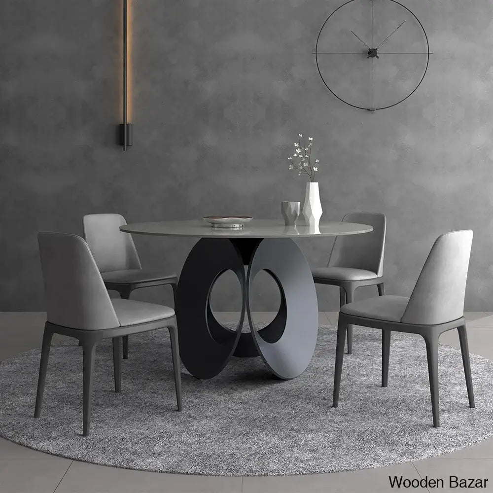 Emery Round Gray Dining Table With Stone Top And Wooden Base