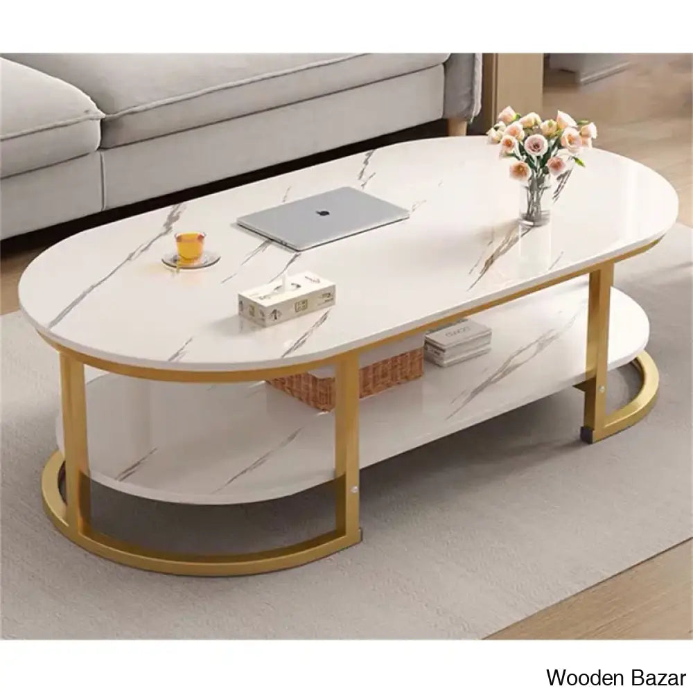 Encratas Solid Wood Top Single Coffee And Center Table White/Gold