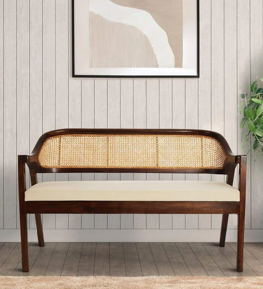 Laney Modern Solid Teak Wood Rattan Cane Bench In Ivory Clor - Wooden bazar