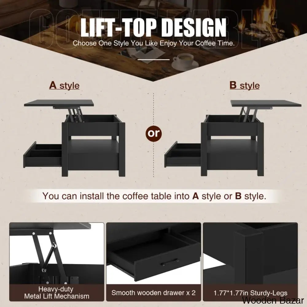 Eoghan Lift Top Coffee Table With 2 Drawers And Center