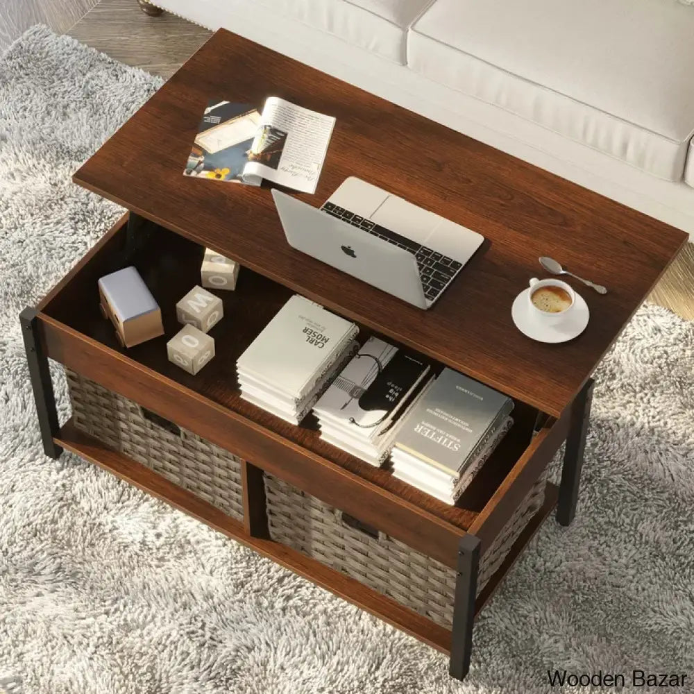 Eogihan Lift Top Coffee And Center Table With Hidden Storage Compartment 2 Rattan Baskets