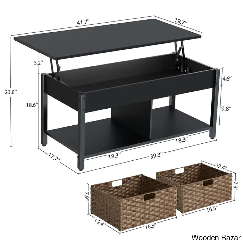 Eogihan Lift Top Coffee And Center Table With Hidden Storage Compartment 2 Rattan Baskets