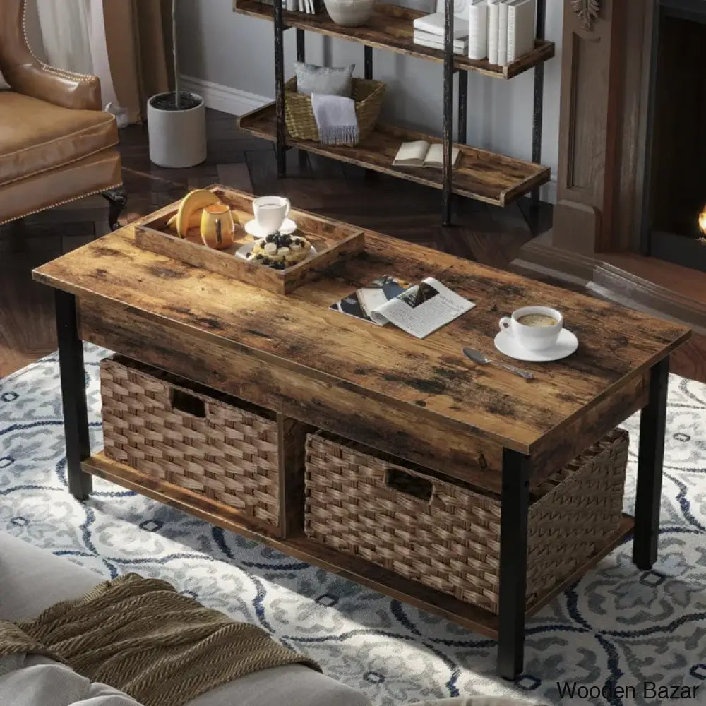 Eogihan Lift Top Coffee And Center Table With Hidden Storage Compartment 2 Rattan Baskets