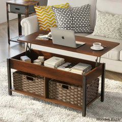 Eogihan Lift Top Coffee And Center Table With Hidden Storage Compartment 2 Rattan Baskets