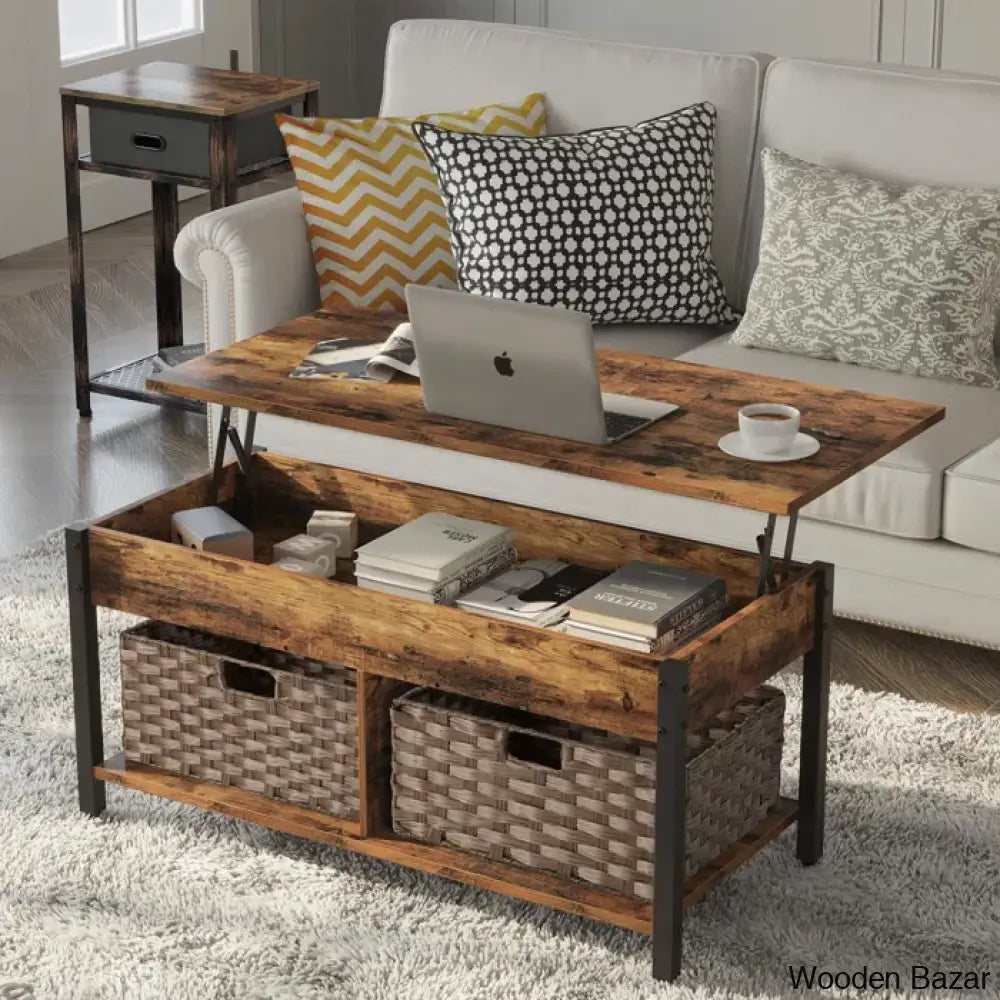 Eogihan Lift Top Coffee And Center Table With Hidden Storage Compartment 2 Rattan Baskets