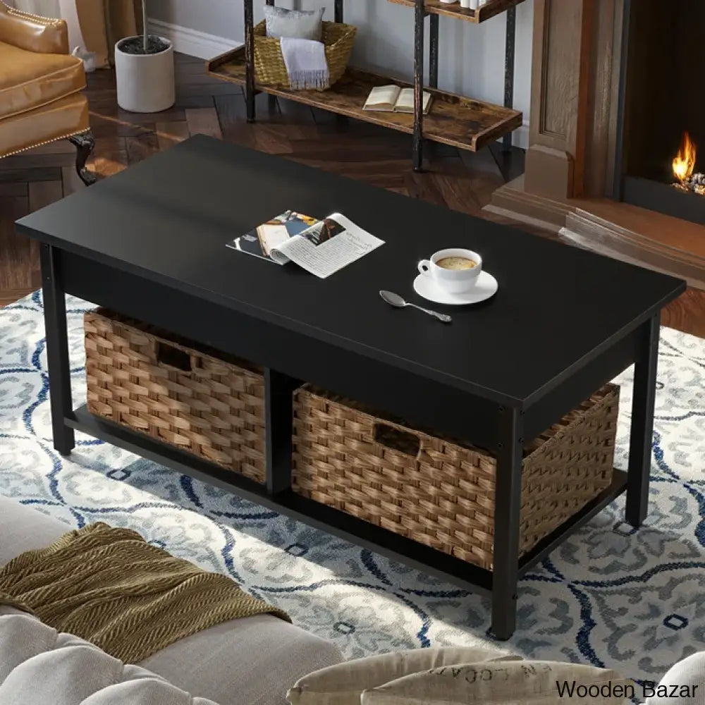 Eogihan Lift Top Coffee And Center Table With Hidden Storage Compartment 2 Rattan Baskets