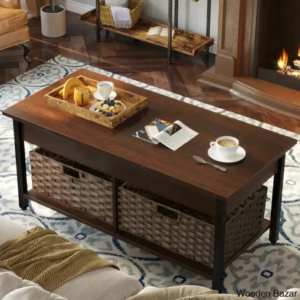 Eogihan Lift Top Coffee And Center Table With Hidden Storage Compartment 2 Rattan Baskets