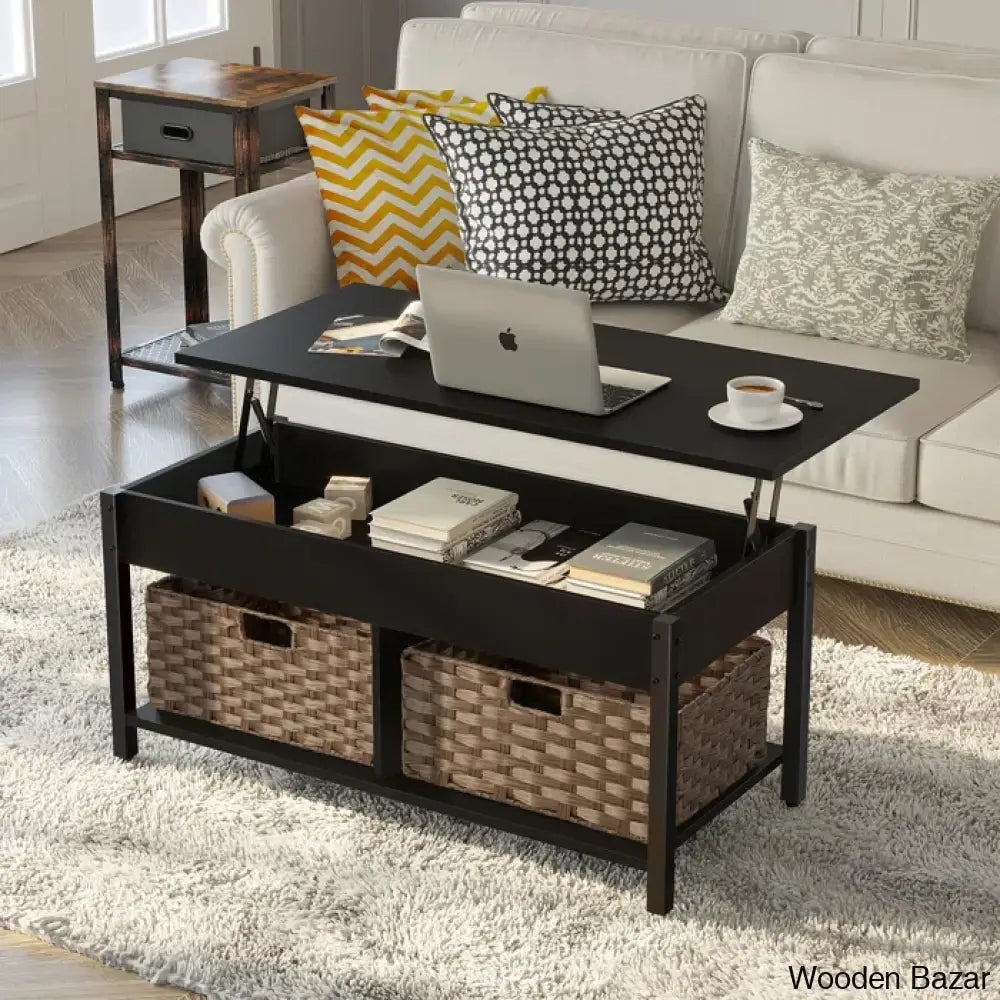 Eogihan Lift Top Coffee And Center Table With Hidden Storage Compartment 2 Rattan Baskets