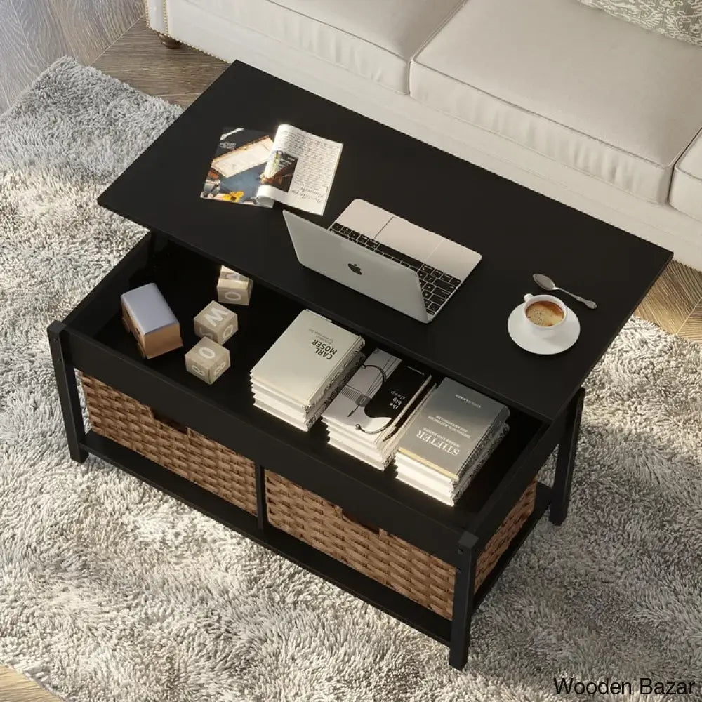 Eogihan Lift Top Coffee And Center Table With Hidden Storage Compartment 2 Rattan Baskets