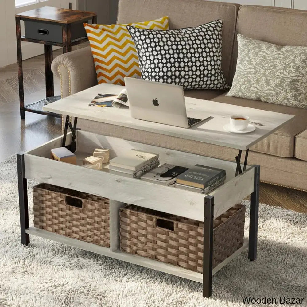 Eogihan Lift Top Coffee And Center Table With Hidden Storage Compartment 2 Rattan Baskets Gray