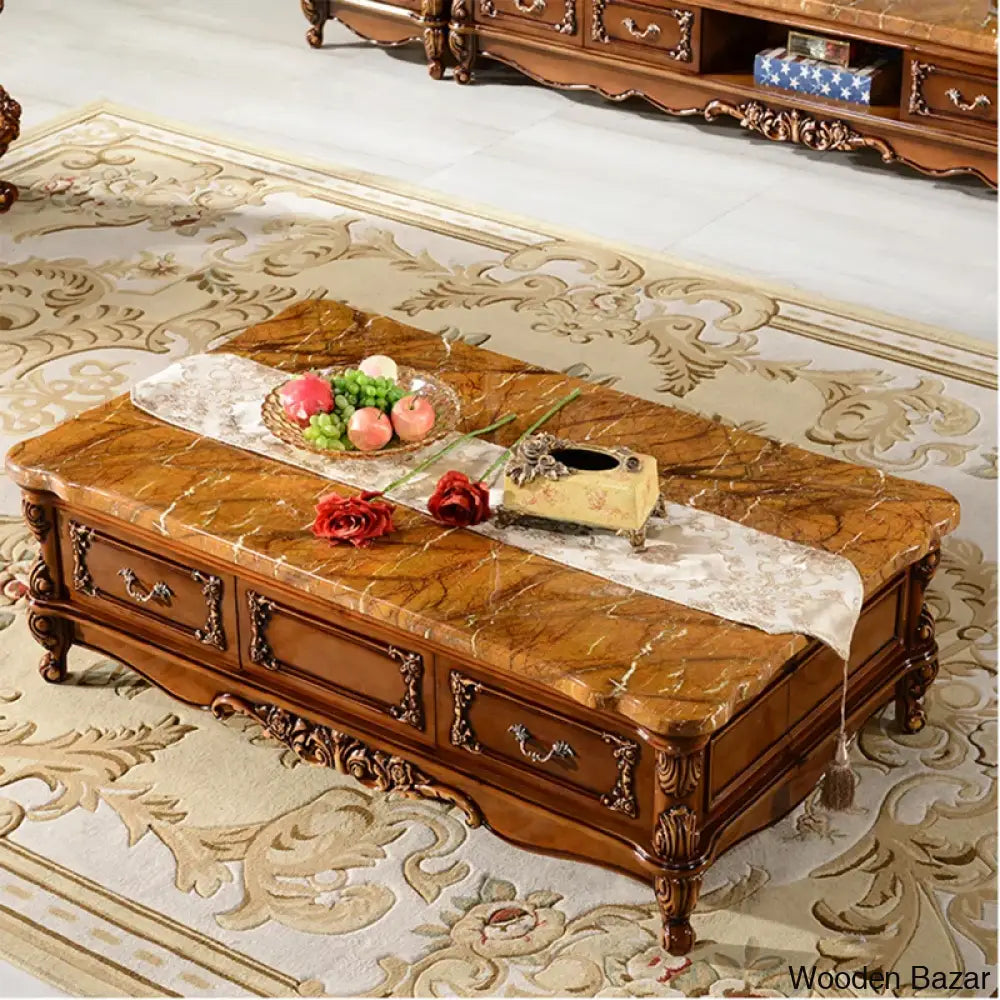 Europeanz Marble Solid Wood Carved Coffee And Center Table