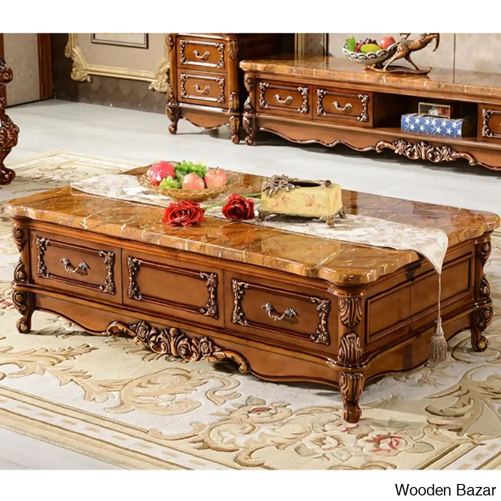 Europeanz Marble Solid Wood Carved Coffee And Center Table