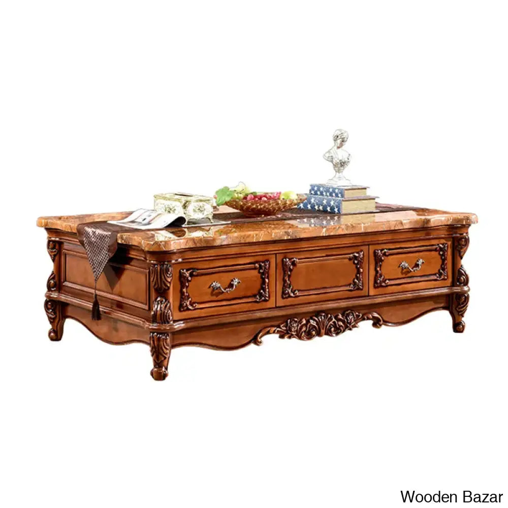 Europeanz Marble Solid Wood Carved Coffee And Center Table