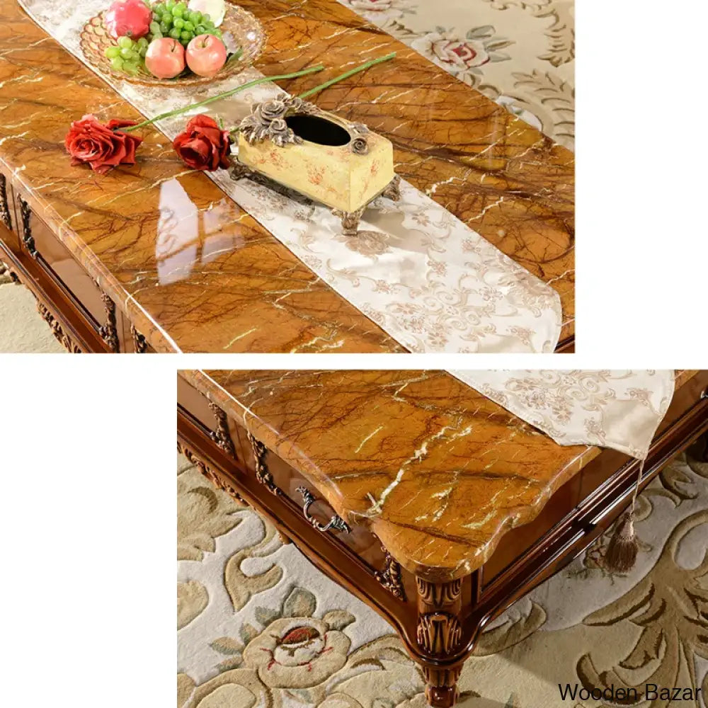 Europeanz Marble Solid Wood Carved Coffee And Center Table