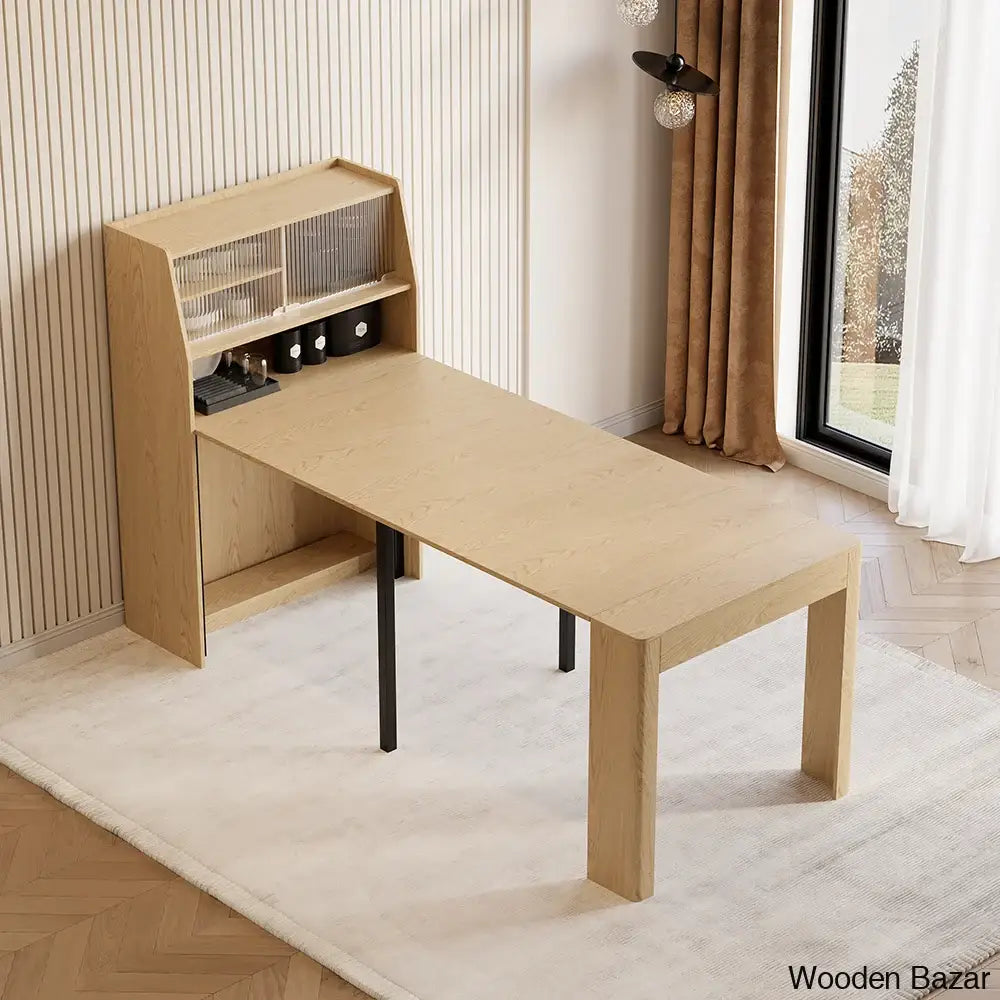 Evan Contemporary Extendable Dining Table With Integrated Storage & 2 Natural Solid Wood Folding