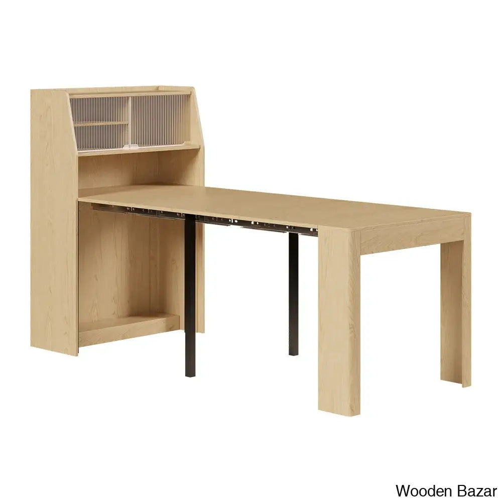 Evan Contemporary Extendable Dining Table With Integrated Storage & 2 Natural Solid Wood Folding