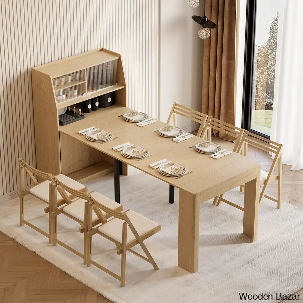 Evan Contemporary Extendable Dining Table With Integrated Storage & 2 Natural Solid Wood Folding