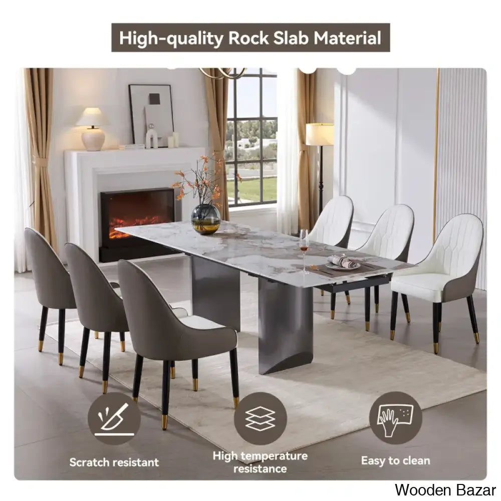 Extendable Sintered Stone Table With 8 Luxe Leather Chairs