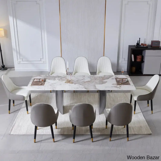 Extendable Sintered Stone Table With 8 Luxe Leather Chairs