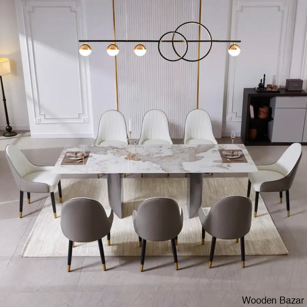 Extendable Sintered Stone Table With 8 Luxe Leather Chairs