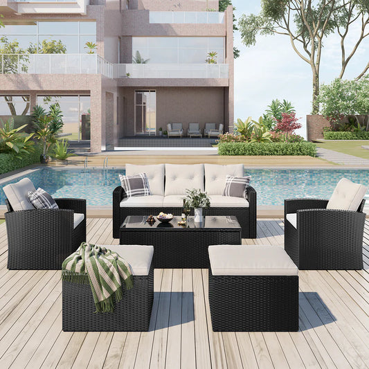 GO 6-Piece Outdoor Patio Set - Black Wicker & Beige Cushions with Sofas, Ottomans, and Coffee Table - All-Weather PE Rattan Sectional