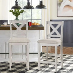 Fabiolaz 25’’ X-Back Solid Wood Fabric Upholstered Bar & Counter Stool With Footrest (Set Of 2)