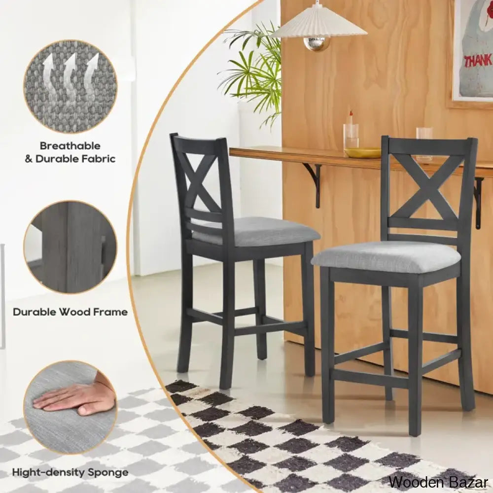 Fabiolaz 25’’ X-Back Solid Wood Fabric Upholstered Bar & Counter Stool With Footrest (Set Of 2)