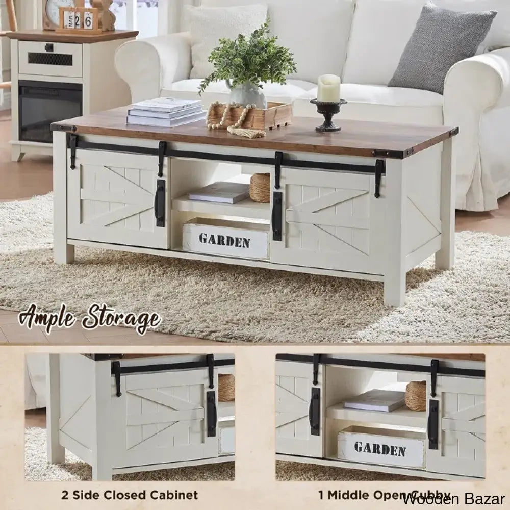 Farmyhousie 48’’ Coffee And Center Table With Sliding Barn Door Adjustable Shelf