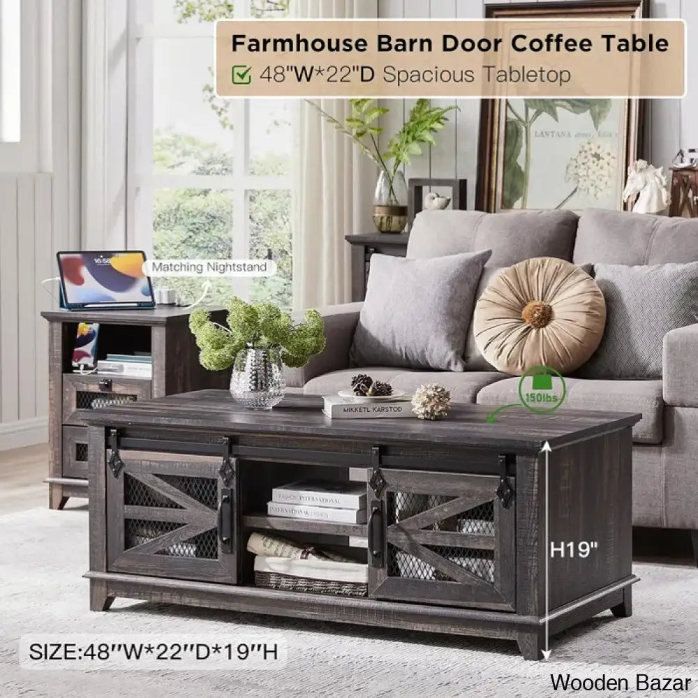 Farmyhousie 48’’ Coffee And Center Table With Sliding Barn Door Adjustable Shelf