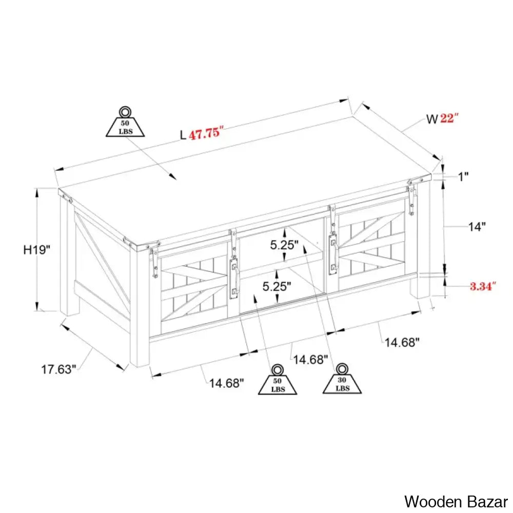 Farmyhousie 48’’ Coffee And Center Table With Sliding Barn Door Adjustable Shelf
