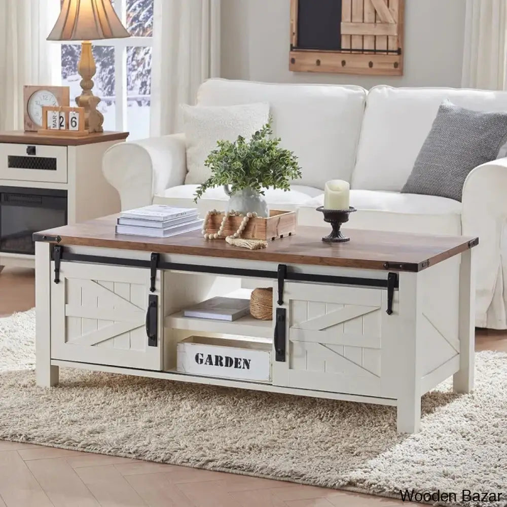 Farmyhousie 48’’ Coffee And Center Table With Sliding Barn Door Adjustable Shelf Antique White