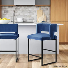 Farnsworthu Upholstered 27’’ Counter And Bar Stool With Metal Frame (Set Of 2) Black / Blue