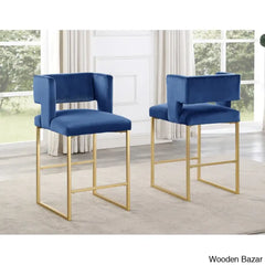 Farnsworthu Upholstered 27’’ Counter And Bar Stool With Metal Frame (Set Of 2) Gold / Blue