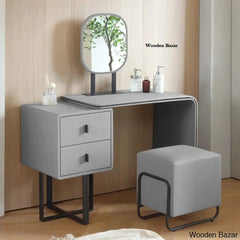 Faux Leather Chic Makeup Table And Vanity Stool Set Premium Dressing With Mirror Gray/Black